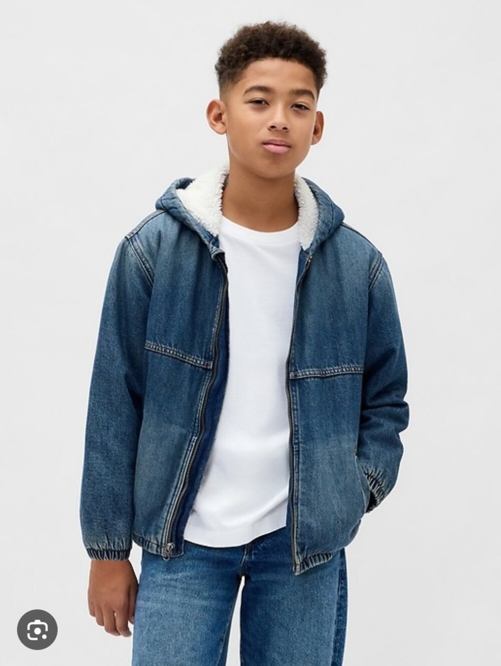 GAP Kids Denim Sherpa 🐑 Lined Hoodie Jacket Coat Sz Large 10 NEW